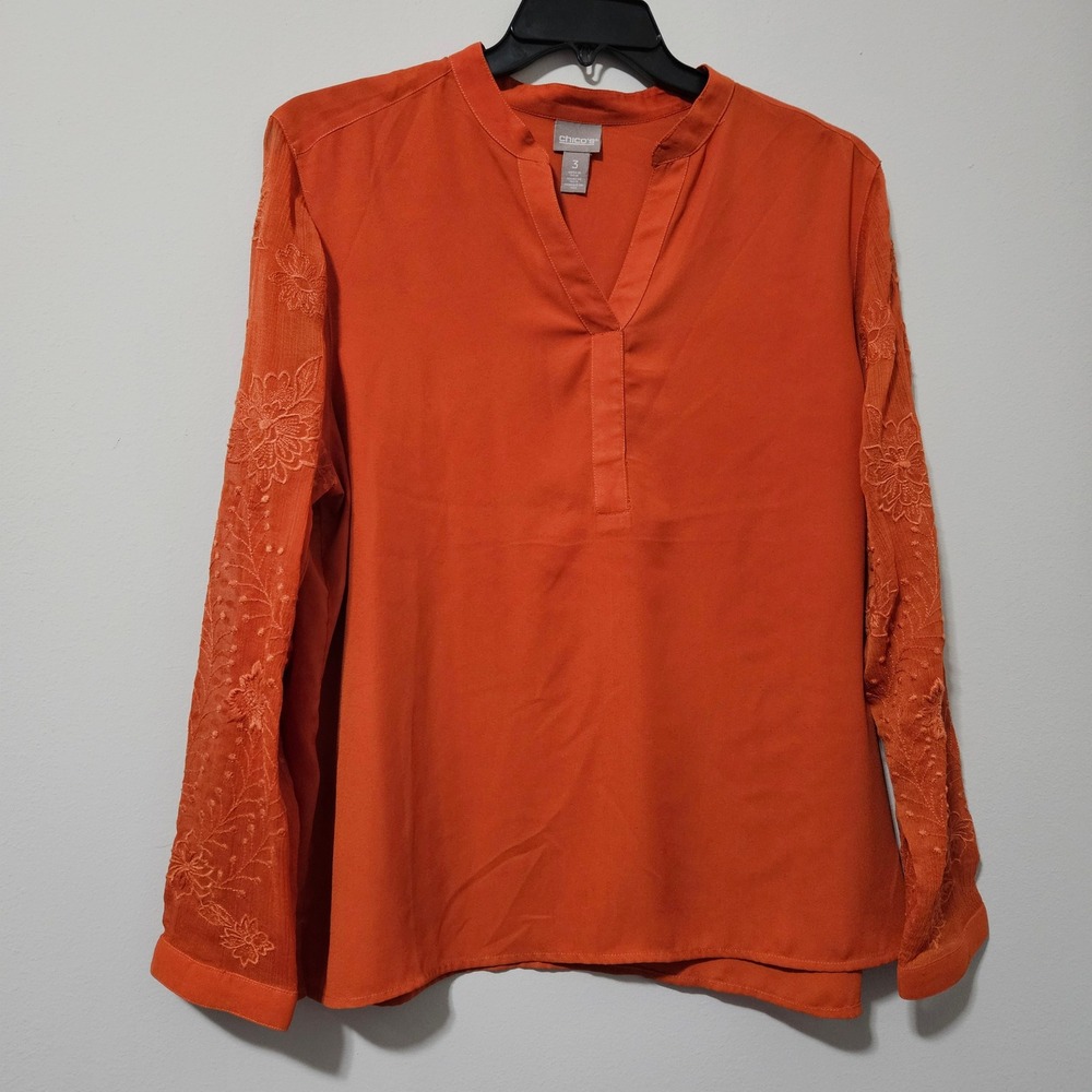 Chicos Burnt Orange Floral Embroidered Sheer Sleeve Blouse Top Size 3/XL‎
